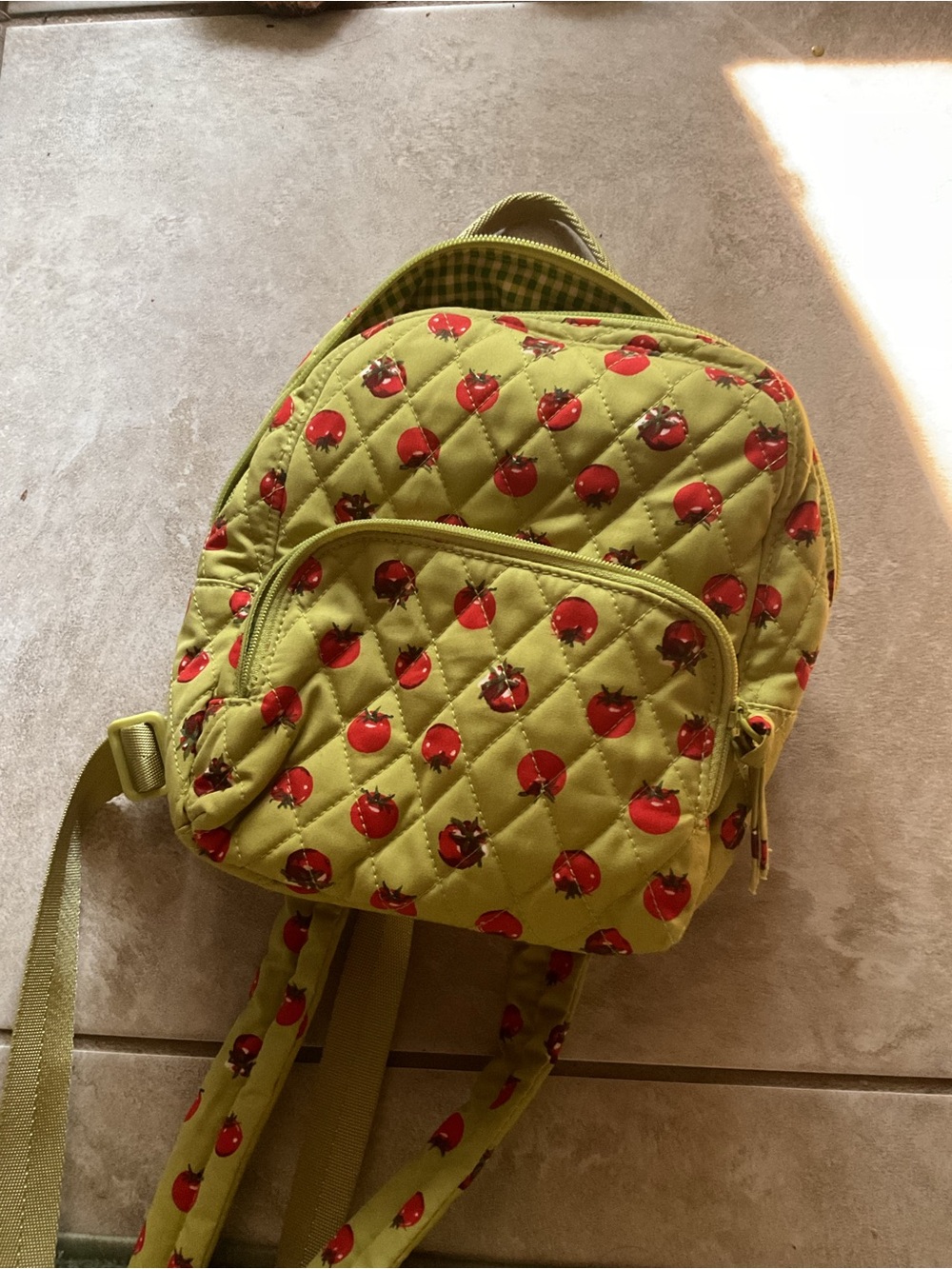 Vera Bradley Lime Green Quilted Kids Backpack with Red Tomato Print